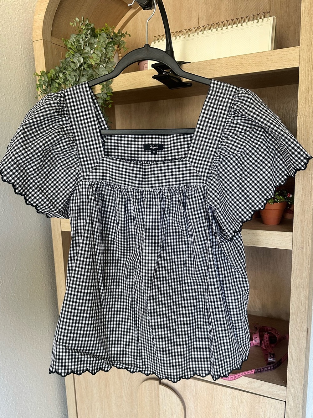 Rails Black & White Gingham Square-Neck Puff Sleeve Top